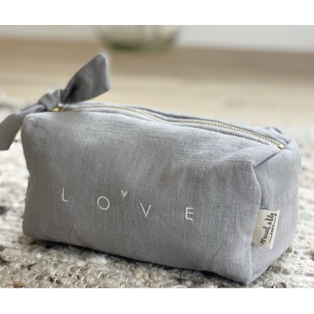 Trousse lin brodée « Love » - Gris nuage