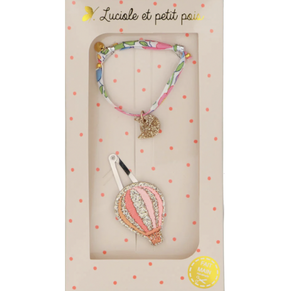 Coffret barrettes et bracelet - Montgolfière rose