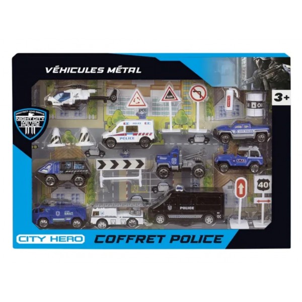 Coffret police 19 pièces 9 véhicules métal