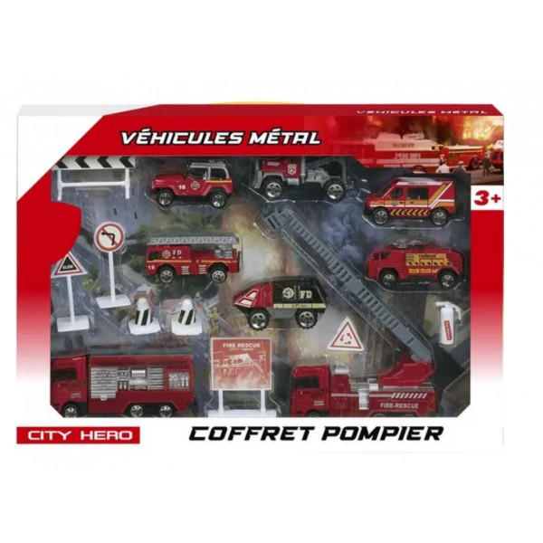 Coffret Pompier 16 pièces 8 véhicules métal