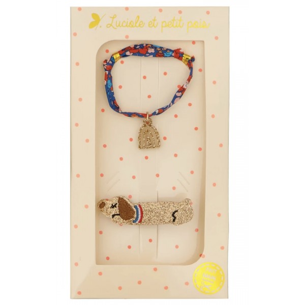 Coffret cadeau - barrette Teckel & bracelet Betsy Ann écarlate arc en ciel doré