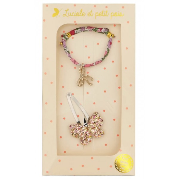 Coffret cadeau - Barrette papillon rose & bracelet Crimson Pink noeud doré