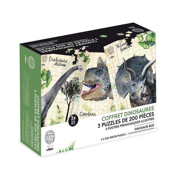 Coffret 3 puzzles dinosaures + poster Muséum national d’Histoire naturelle