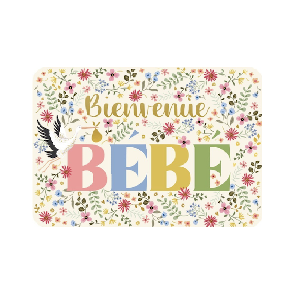 Carte - Bienvenue bébé cigogne et fleurs