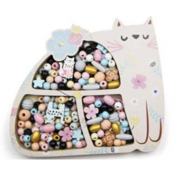 Coffret perles bois - Chat