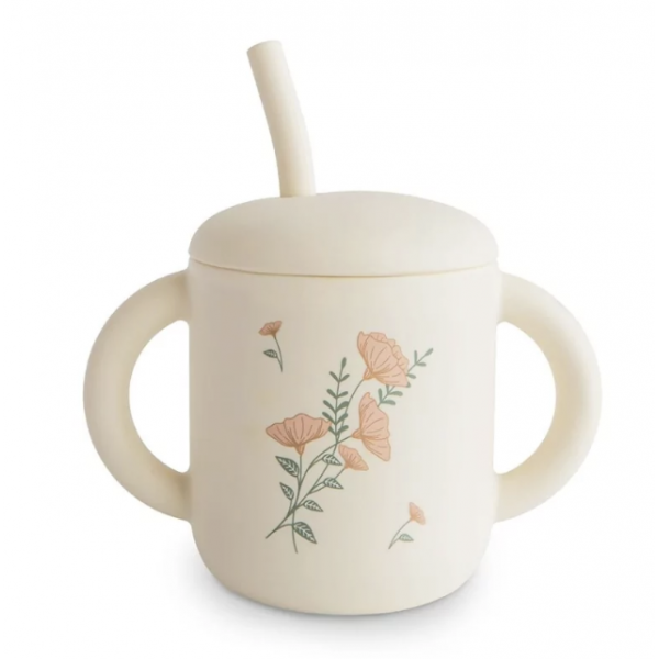 Tasse à bec avec paille - Fleurs roses