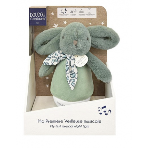 Lapin doudou - Veilleuse musicale culbuto vert sauge