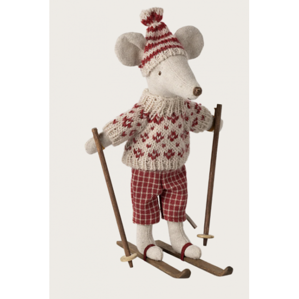 Souris en hiver et sa paire de skis, Maman - Rouge